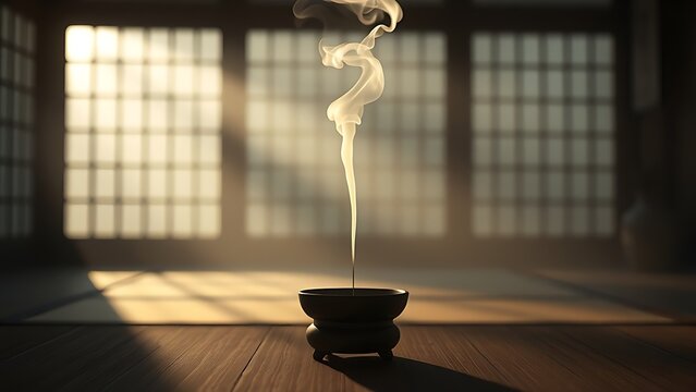 burner. Zen room at dawn with incense smoke rising in morning light, tranquil atmosphere. wellbeing guides, coaching materials, designed for mental health education and mindfulness programs.