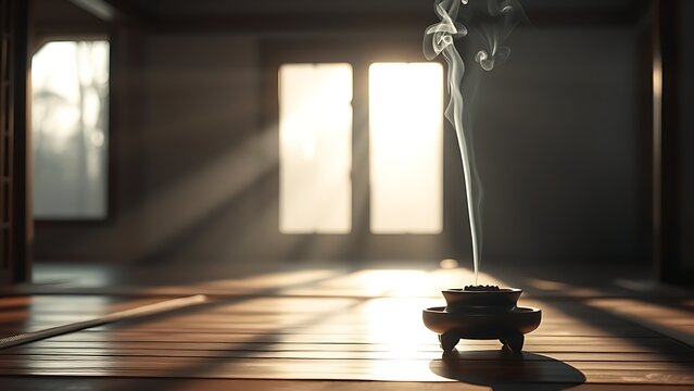 burner. Zen room at dawn with incense smoke rising in morning light, tranquil atmosphere. wellbeing guides, coaching materials, designed for mental health education and mindfulness programs.