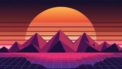 Vibrant retro synthwave landscape with glowing neon sun over geometric mountains and grid reflection evoking nostalgia and adventure