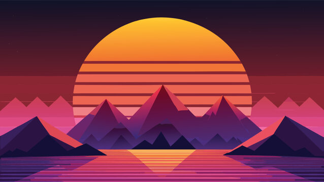 Retro synthwave sunset over stylized mountains and water, evoking a vibrant, nostalgic, and futuristic aesthetic for digital art and design projects.