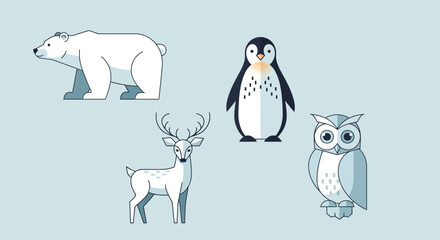Obraz premium Stylized arctic and woodland animal illustration featuring bear, penguin, deer, and owl