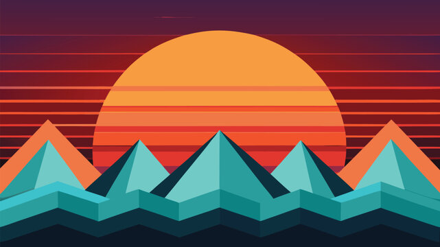 Bold geometric mountain range bathed in vibrant retro sunset glow, evoking a sense of adventure and discovery.