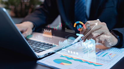 Investment and finance growth concept. Businessman analyzing money, profit, income, and financial...