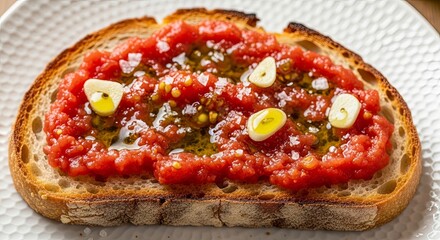 Delicious Toasted Bread Topped with Fresh Grated Tomato and Garlic.