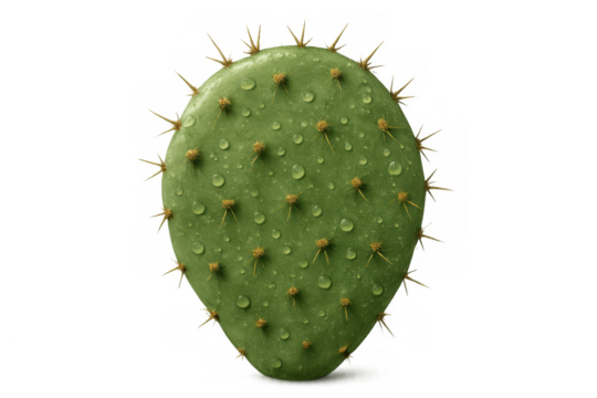 Prickly pear cactus pad covered in water drops, a succulent desert plant with thorns on a transparent background
