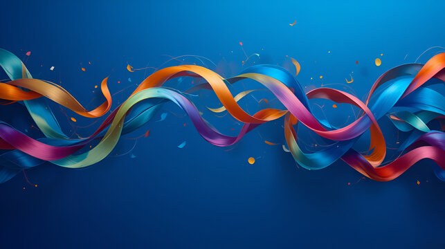 Vibrant, colorful ribbons swirl and intertwine against a bold blue backdrop. Perfect for modern designs.