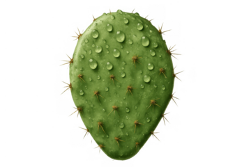 Prickly pear cactus pad with fresh water drops on green succulent surface isolated on transparent background
