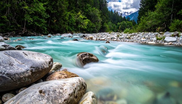 A flowing turquoise river cascades over rocks, bordered by verdant trees under a cloudy sky - Powered by Adobe