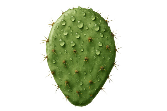 Prickly pear cactus pad with fresh water drops on green succulent surface isolated on transparent background