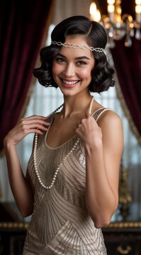 Glamorous woman in twenties flapper style dress with pearls poses elegantly capturing the vintage
