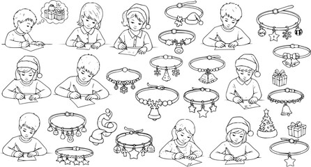 Children in Christmas hats writing wish lists, surrounded by festive charm bracelets, gift boxes, and a Christmas tree, in a charming holiday illustration.