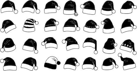 Seamless pattern of various black and white Santa hats. Hand-drawn collection of festive Christmas headwear designs, ideal for holiday backgrounds, textiles, and decorations.