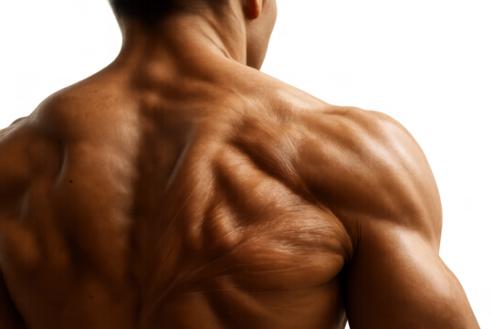 Muscular man's back and shoulders showcasing strength, fitness, and body goals on transparent background