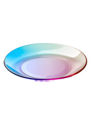 Empty iridescent glass plate on a white background.