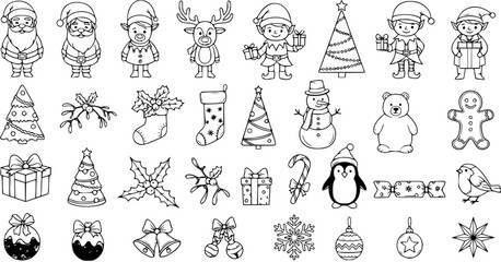 Festive Christmas Line Art: Santa, Reindeer, Elf, Tree  More Vector Icons