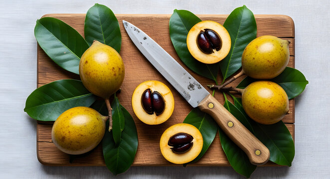Top view of ripe tropical abiu fruits with green leaves on a cutting board. - Powered by Adobe
