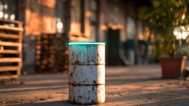 Industrial scenery with metal drum and wooden pallets warehouse setting with natural lighting