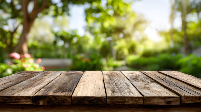 Rustic wooden table in a sunlit garden setting