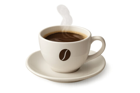 Steaming espresso coffee cup with a bean icon on a saucer, offering a hot arousing morning drink, transparent background