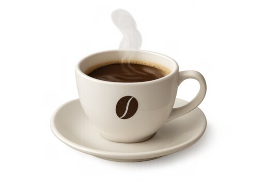 Steaming espresso coffee cup with a bean icon on a saucer, offering a hot arousing morning drink, transparent background