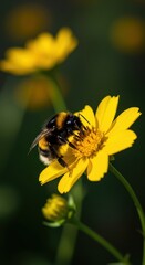 Close up of a busy bumblebee gathering nectar and pollen from a bright yellow flower on a sunny spring day ,blossom, stamen, ecosystem