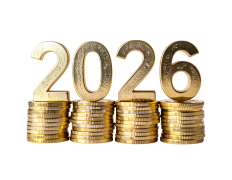 Golden numbers 2026 standing on stacks of coins symbolizing financial growth and future investments. - Powered by Adobe