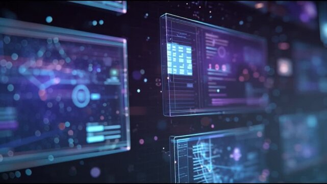 Futuristic holographic UI panels displaying advanced data analysis and digital information on a virtual screen wall