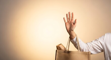 Hand Waving with Paper Bag Shopping, Gesture, and Eco-Friendly Choice