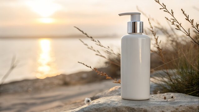 Elegant lotion bottle on rock with tranquil golden sunset ocean background for wellness lifestyle blogs