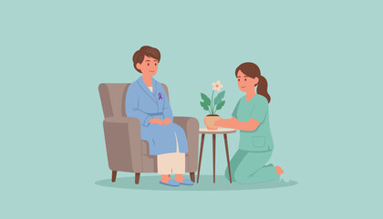 Nurse offers flower to patient wearing awareness ribbon Healthcare recovery and compassionate care