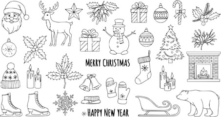 Whimsical Hand-Drawn Christmas and New Year Icons: Santa, Snowman, Reindeer, Tree, Fireplace, Bear  More
