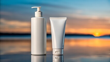 Elegant skincare set for a vibrant, healthy glow with sunset backdrop for a serene, calming vibe