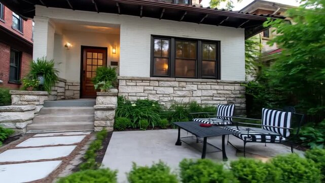 Exterior residential home with seating area and stone facade