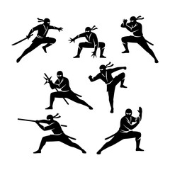 Collection of ninja silhouette vectors on a white background