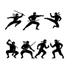 Collection of ninja silhouette vectors on a white background