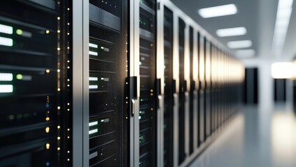 Server data cloud it ai computing network storage digital technology corridor with modern hardware racks in a bright data center, idea for technology presentations and marketing visuals