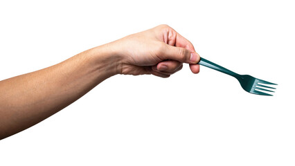 Male hand holding a green plastic fork isolated on white background.