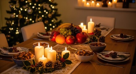 Obraz premium Festive Christmas Dinner Table Setting with Candles and Decorations.