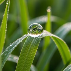 Close-up of a dew-covered grass blade with a reflective water droplet on top, showcasing vibrant green colors and intricate details in a natural setting