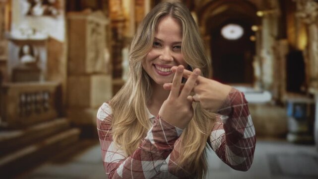 Blonde woman forms hashtag sign with hands in ornate church nave; playfulness joy humor spontaneity.