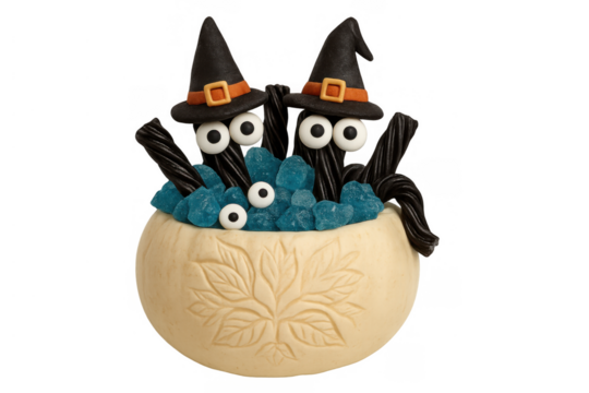 Halloween sweets in a cauldron, black licorice ropes with witch hats and googly eyes, spooky candies