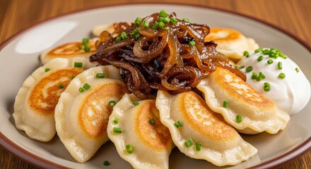 Golden Pierogies with Caramelized Onions, Sour Cream, and Chives, Delicious Meal.