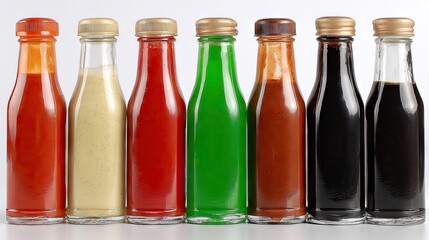 Assorted Glass Bottles Filled with Colorful Sauces and Condiments