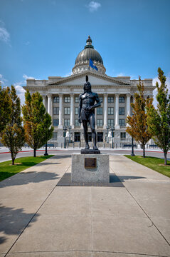 Salt Lake City, Utah, USA &ndash; August 27, 2025: "Chief Massasoit" 1921, by Cyrus E. Dallin at the east entrance to the state capitol building in Salt Lake City, Utah captured during late summer.
