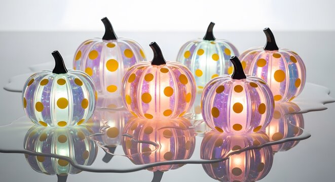Six iridescent pumpkins glowing on smooth surface perfect for festive decorations and autumn holidays with charming and unique pumpkin lights - Powered by Adobe