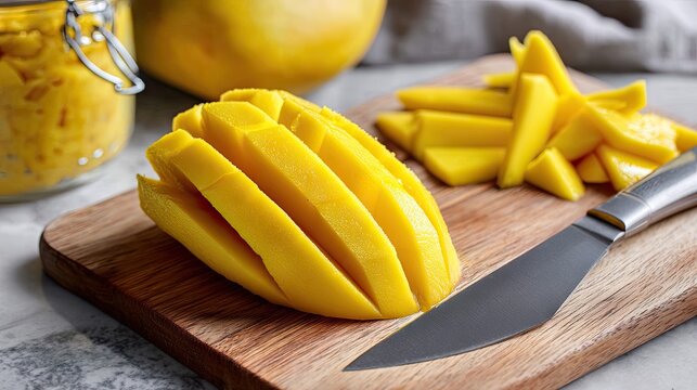 Freshly Cut Mango on Wooden Board with Knife and Jar of Fruit - Powered by Adobe