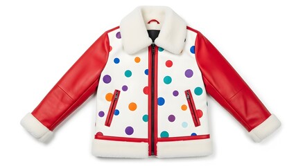 Brightly Colored Children's Jacket with Polka Dots and Red Sleeves Makes Fun Wardrobe Statement for Playful Fashion Enthusiasts and Stylish Kids