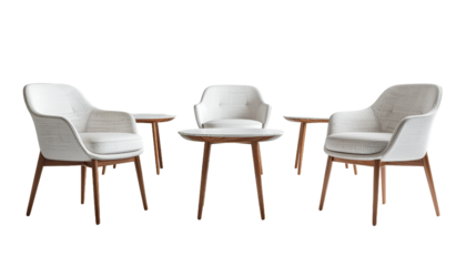 Modern outdoor furniture set with three chairs and two tables.