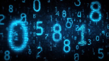 Glowing blue digital numbers float across a dark binary code background.