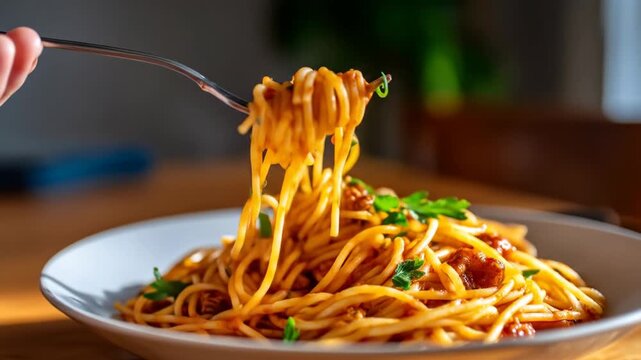 Spaghetti with tomato sauce and parsley being eaten with fork on white plate